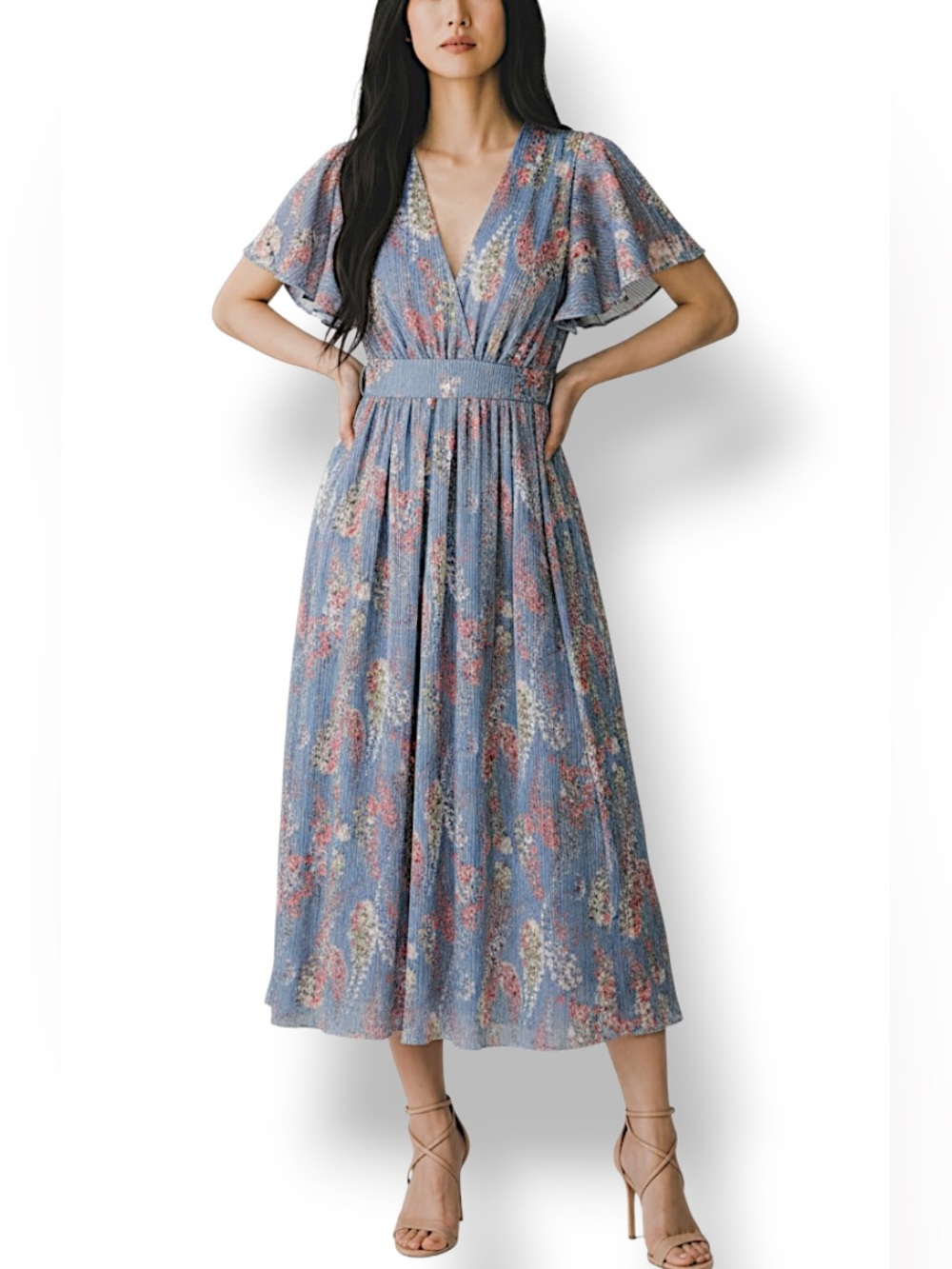 4/$20 Blue Tassel Floral Maxi Dress Blue Pink Flutter Sleeve Boho Romantic Small